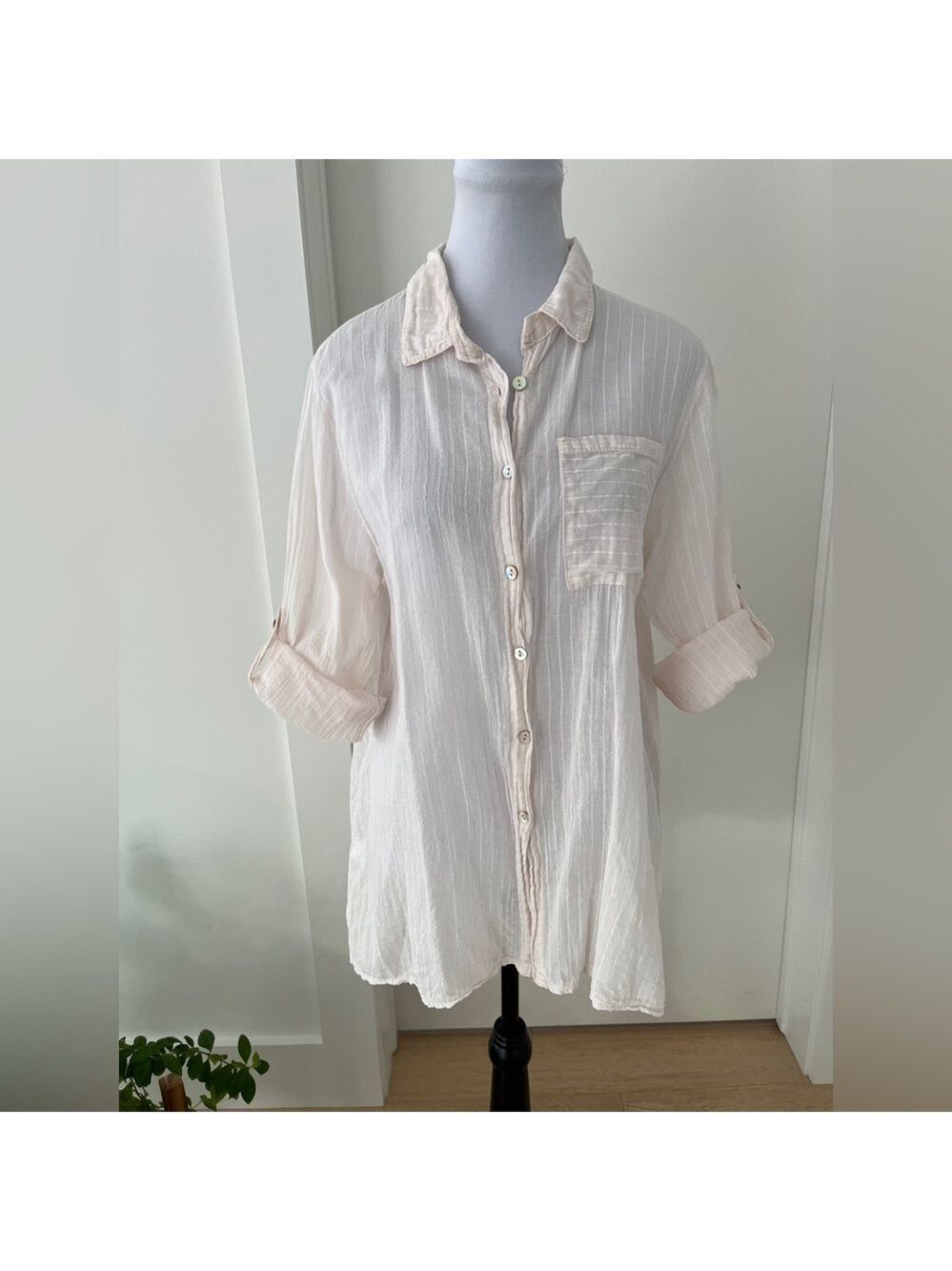 ANGELA MARA Lightweight Button Front Roll Tab Sleeve Shirt 100% Cotton Sheer